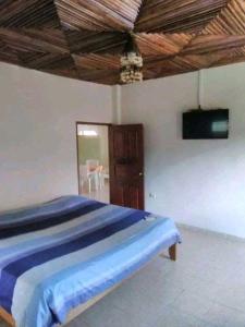 een slaapkamer met een bed met een blauw dekbed bij Emerald forest in Iquitos +11 foto's