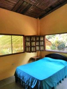 een slaapkamer met een blauw bed en 2 ramen bij Emerald forest in Iquitos
