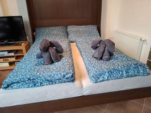 due animali di peluche sono seduti su un letto di Apartmán Coralina a Zvolen