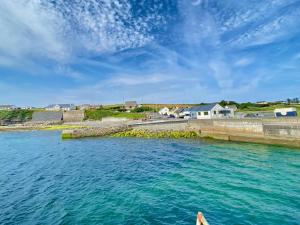 einen Blick auf einen Wasserkörper mit Häusern im Hintergrund in der Unterkunft Rose Cottage in Killala