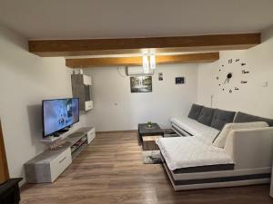 a living room with a couch and a flat screen tv at Kuća za odmor Tina in Tounj