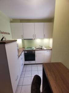 a small kitchen with white cabinets and a sink at Ferienwohnung Am Heimathof in Dorsten +1 photo