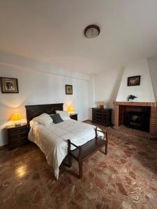 a bedroom with a large bed and a fireplace at Casa Rural El Olivo in Alatoz