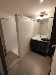 une salle de bain avec un lavabo et une douche avec un miroir dans l'établissement Logement de Charme en centre ville, à Lesneven 4 autres photos