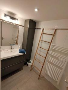 La salle de bains est pourvue d'un lavabo et d'une échelle. dans l'établissement Logement de Charme en centre ville, à Lesneven