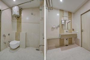 two pictures of a bathroom with a toilet and a shower at Hotel Marina FREE Airport Drop in New Delhi