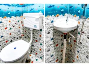 Dos imágenes de un baño con inodoro y lavabo. en Hotel #Shreeeee Krishnaaaaa# Near रेलवे स्टेशन, en Bhubaneshwar