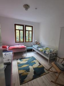 a room with two beds and a rug at Lilienstein in Königstein an der Elbe
