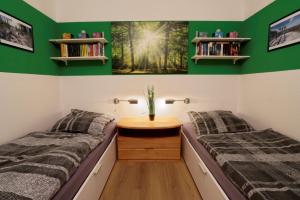 two beds in a room with green walls at Relax 6 in Hahnenklee-Bockswiese