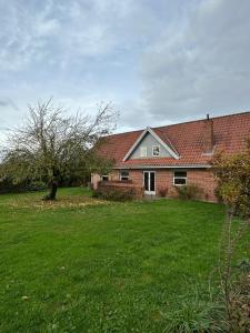 a brick house with a green yard with a tree at Hyggelig 2 plans villa i Hørning in Hørning