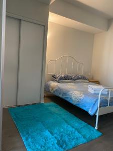 a bedroom with a bed and a blue rug at Cozy holiday home in Toronto