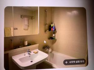a bathroom with a sink and a mirror at 혼자 여행하는 여성을 위한 안전한 숙소 