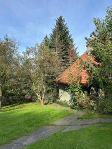 une maison avec une cour verte et un arbre dans l'établissement Dom na Topolowej, à Ustroń