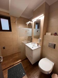 a bathroom with a white toilet and a sink at Garden Apart&Rooms Predeal in Predeal