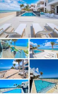 uma colagem de fotografias de um resort com piscina em Oceanfront Residency luxury 2B2B ,1-6 person ,terrasse, beach access garden pool em Old Man Bay