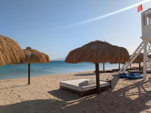 a beach with straw umbrellas and chairs and the ocean at Panoramic Seaview Somabay 1BR Apartment in Mesca in Hurghada