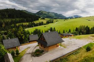 an overhead view of a cabin in a green field at Chaty v Ráztoke in Veľké Borové