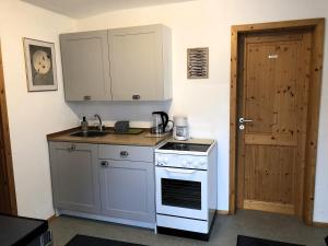 eine Küche mit einem weißen Herd und einer Spüle in der Unterkunft Grand Central- Studio Apartment in Krummennaab