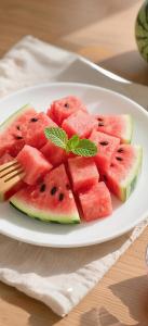 斋沙默尔Desert Capital Resort的桌上放着一盘西瓜和一把叉子。