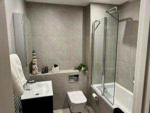 a bathroom with a shower and a toilet and a sink at Harbour View - Steps From The Sea - Balcony - Parking in Ramsgate