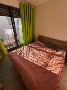 a bedroom with a bed and a window with green curtains at Cozy personal flat in Differdange in Differdange