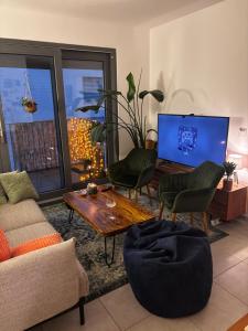 a living room with a couch and a tv at Cozy personal flat in Differdange in Differdange
