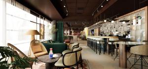 een restaurant met tafels en stoelen en een bar bij Mercure Hotel Den Haag Central in Den Haag