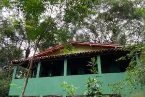 a green house with a green roof and trees at Garden House in Ilha de Boipeba