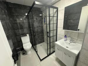 een badkamer met douche, toilet en wastafel bij Royal Suit in Bandırma
