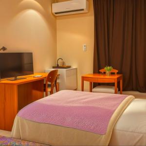 a bedroom with a bed and a desk and a television at Pyramids & SphinX Grand Hotel in Cairo