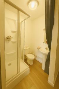 a bathroom with a toilet and a glass shower at Hôtel Le Paris Brest in Lens