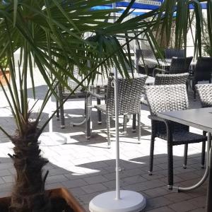 a patio with tables and chairs and a palm tree at Ferienwohnung & Monteurunterkunft Mainbogen-Blick in Grettstadt