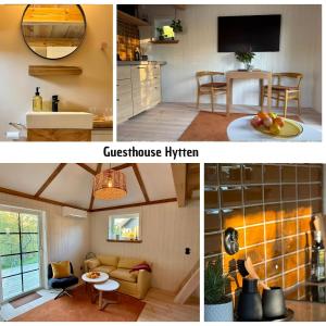 een collage van foto's van een woonkamer en een gastenkeuken bij Hällesdalens Gård - semesterhus i Bohuslän in Svenshögen