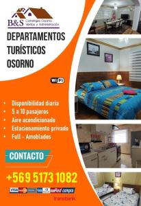 un flyer pour un hôtel avec un lit et une chambre dans l'établissement Departamentos Turisticos Osorno Alquiler, à Osorno