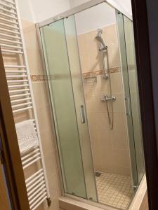 a shower with a glass door in a bathroom at Penzion U Radnice in Kyjov +23 photos