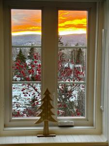 een kerstboom voor een raam met uitzicht bij Auberge musicale Pour un Instant in La Malbaie