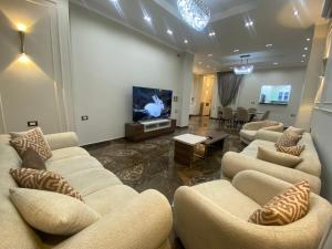 カイロにあるGrand Luxury Apartments - Downtown Cairoのソファと薄型テレビのあるリビングルーム