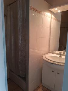 a bathroom with a shower and a sink at Hôtel des Pyrénées in Laloubère