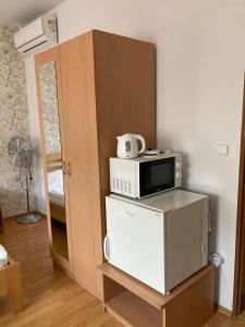 a microwave on top of a refrigerator in a room at Penzion U Radnice in Kyjov