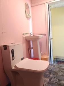 ein Badezimmer mit einer weißen Toilette und einem Waschbecken in der Unterkunft Nirvana Beach Cottages in Canacona