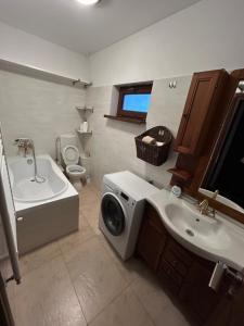 a bathroom with a washing machine and a sink at Villa Apartments in Craiova +17 photos