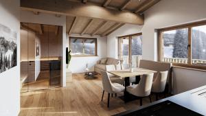 une salle à manger avec une table, des chaises et un canapé dans l'établissement Feelfree Apartments Ochsengarten, à Oetz