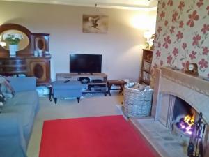 a living room with a fireplace and a red rug at Beech Cottage in Hepple +10 photos