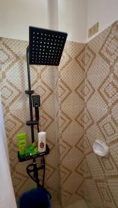 a bathroom with a shower with a black light at The Meadow View House in Oobi +8 photos
