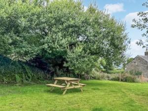a wooden picnic table in the grass under a tree at Wild Rose in Delabole