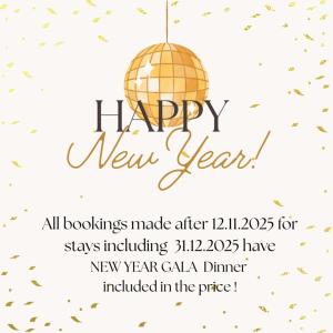 a gold happy new year invitation with a disco ball at Lion Bansko Hotel in Bansko