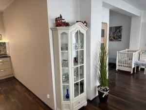 a white cabinet in a living room with a crib at Cichy Zaułek 3a in Brodnica +10 photos