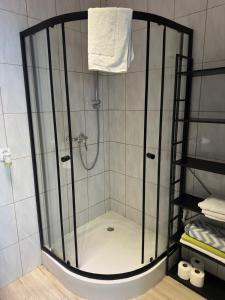 a shower with a glass enclosure in a bathroom at Cichy Zaułek 3a in Brodnica