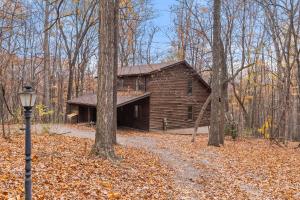 a log cabin in the middle of the woods at Huge Cabin w Hot Tub, Deck, Grill, Fire Pit, WiFi in Berkeley Springs