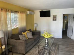 a living room with a couch and a tv at Jubilee Gardens Freeport in Freeport
